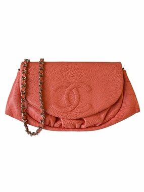 🍑Chanel Half Moon Wallet on Chain Crossbody Orange Leather Silver Hardware